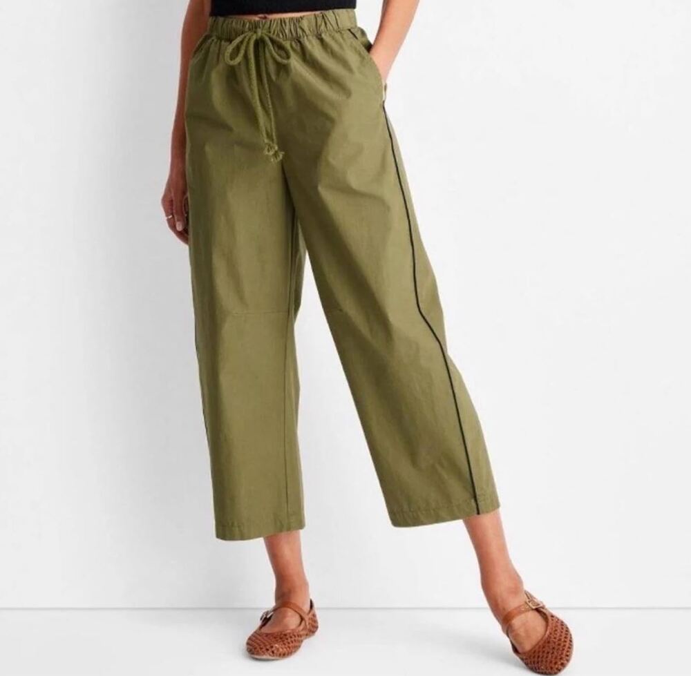 Future Collective Womens XL Olive Green Wide Leg Cotton Drawstring Cropped Pants